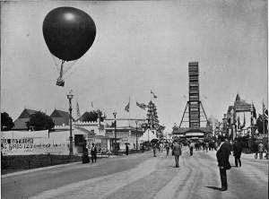 The Midway. The balloon pictured was later destroyed in a tornado storm while the Fair was still open.